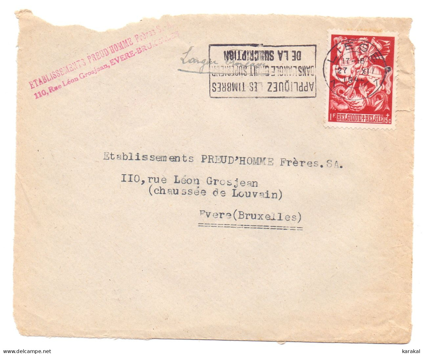 Belgique 657 Doudou 1f Devant De Lettre Liège Evere 1944 Flamme Appliquez Les Timbres A L'ENVERS RARE !!! - Sellados Mecánicos