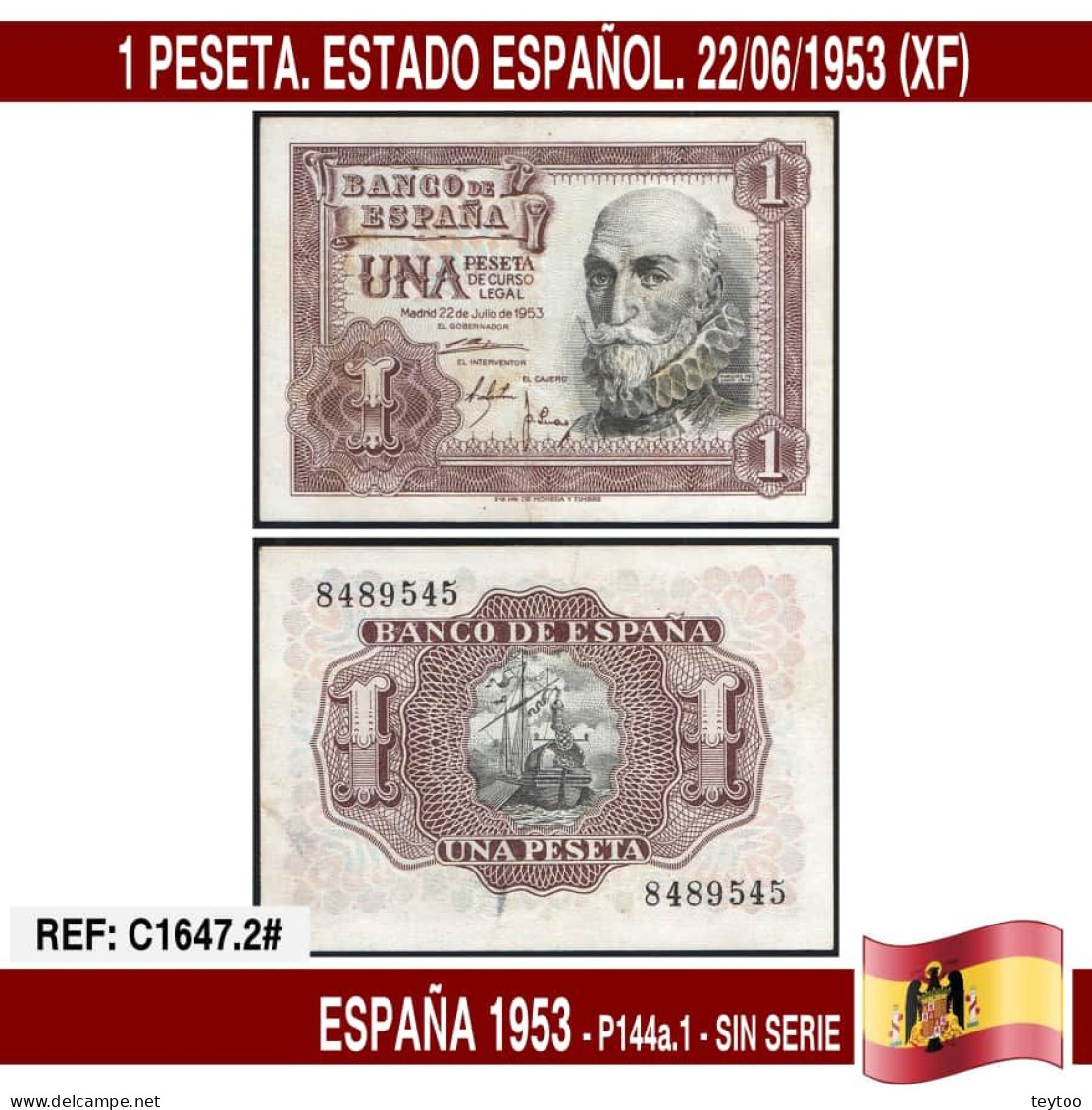 C1647.2# España 1953. 1 Pts. Estado Español (XF) P144a.1 - 1-2 Pesetas