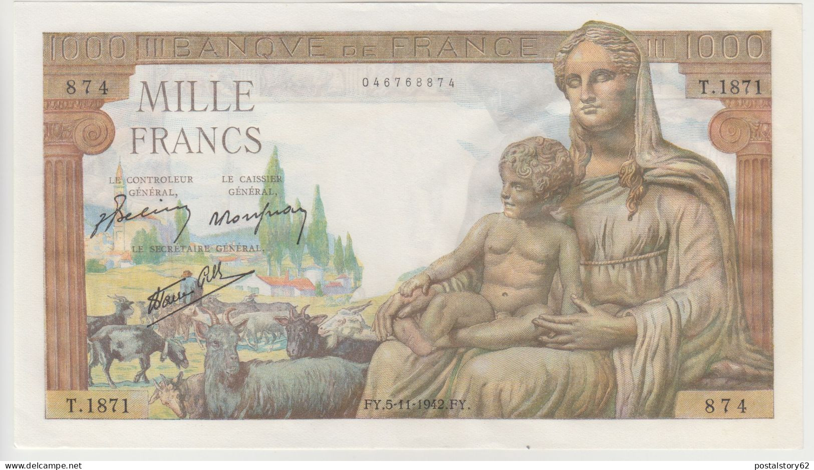 Banque De France - Banconota Da 1000 Francs - 05 - 11 - 1942 Dèesse Conservazione QFDS - 1 000 F 1942-1943 ''Déesse Déméter''