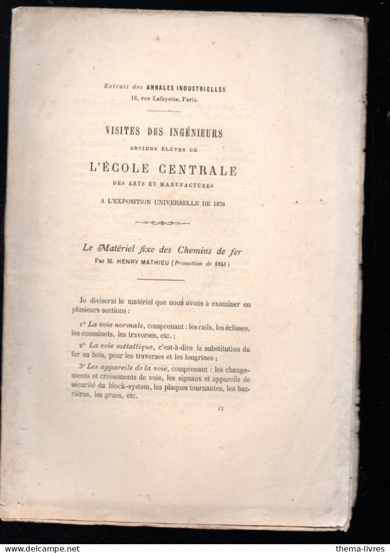 (exposition Universelle 1878) (école Centrale) Matériel Fixe Des Chemins De Fer  (M6064) - Spoorwegen En Trams