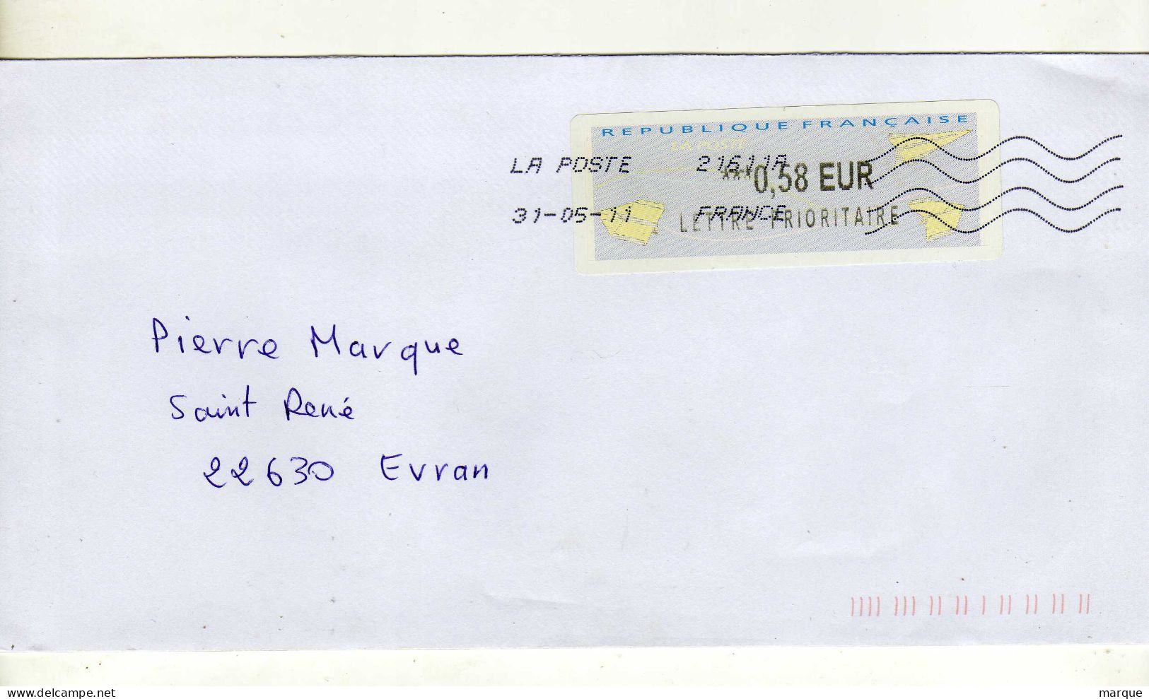 Enveloppe FRANCE Avec Vignette Affranchissement LA POSTE 21611A 31/05/2011 - 2000 « Avions En Papier »