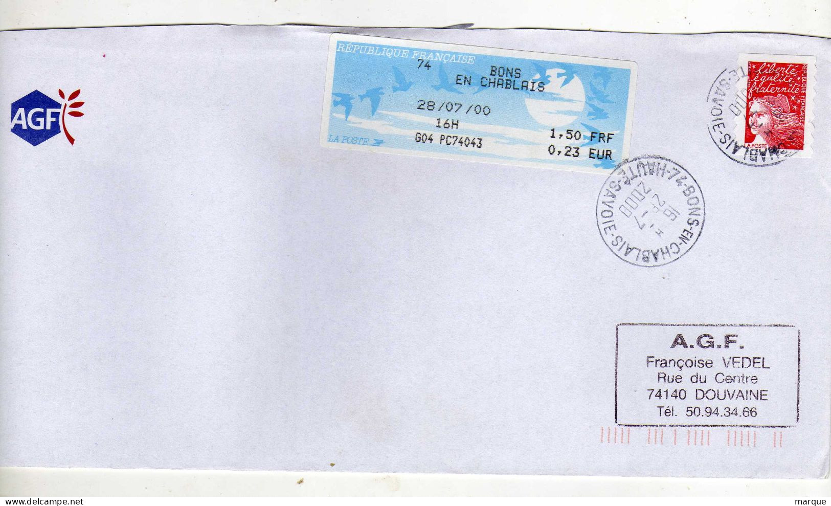 Enveloppe FRANCE Avec Vignette Affranchissement BONS EN CHABLAIS 28/07/2000 - 1990 Type « Oiseaux De Jubert »
