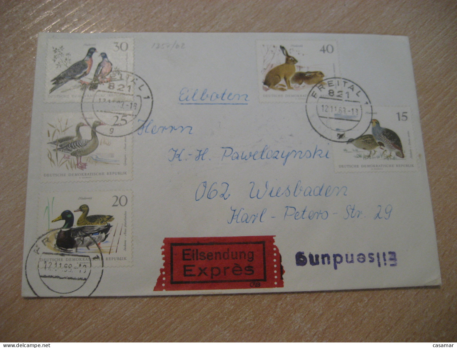 FREITAL 1968 1357/62 Set Rabbit Lapin Duck Ducks Bird Birds Express Cancel Cover DDR GERMANY - Conejos
