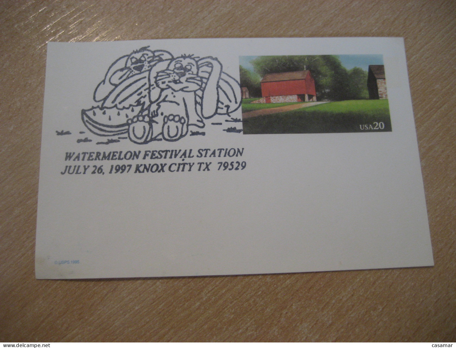 KNOX CITY 1997 Watermelon Rabbit Lapin Cancel Postal Stationery Card USA - Conejos