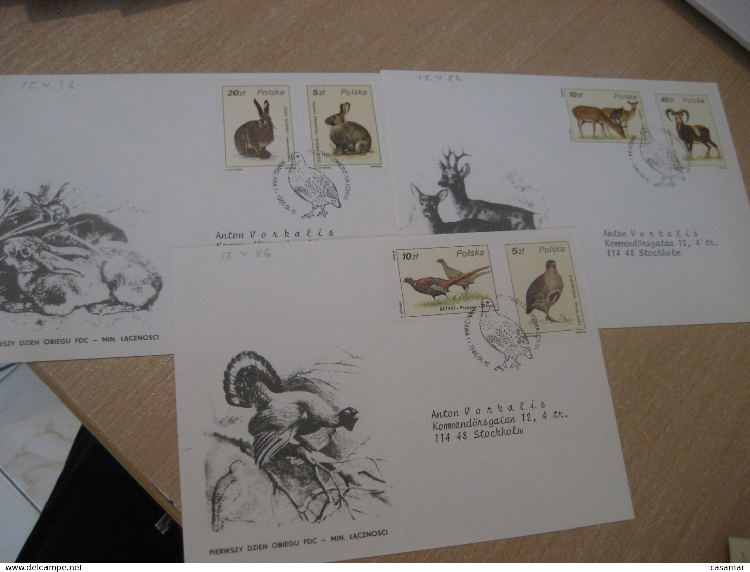 WARSZAWA 1986 Rabbit Lapin Deer Goat Pheasant Hare Partridge ... FDC Cancel 3 Cover POLAND - Lapins