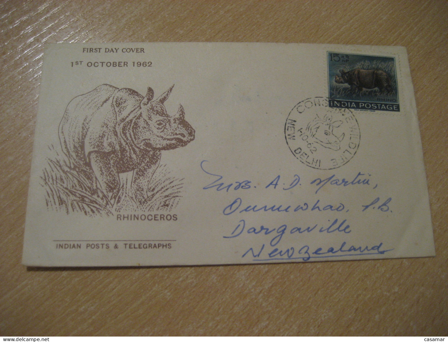 NEW DELHI 1962 Rhinoceros Rhino FDC Cancel Cover INDIA Inde - Rhinoceros