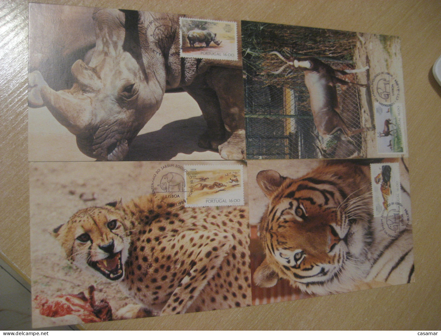 LISBOA 1984 Zoo Rhinoceros Rhino Siberian Tiger Cheetah Antelope Elephant Cancel 4 Maxi Maximum Card PORTUGAL - Rhinocéros