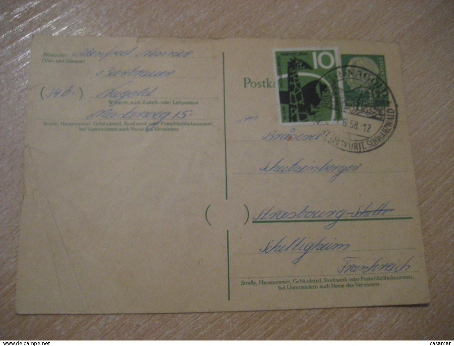 NAGOLD 1958 To Strasbourg Giraffe Girafe Cancel Postal Stationery Card GERMANY Giraffes Girafes - Giraffen