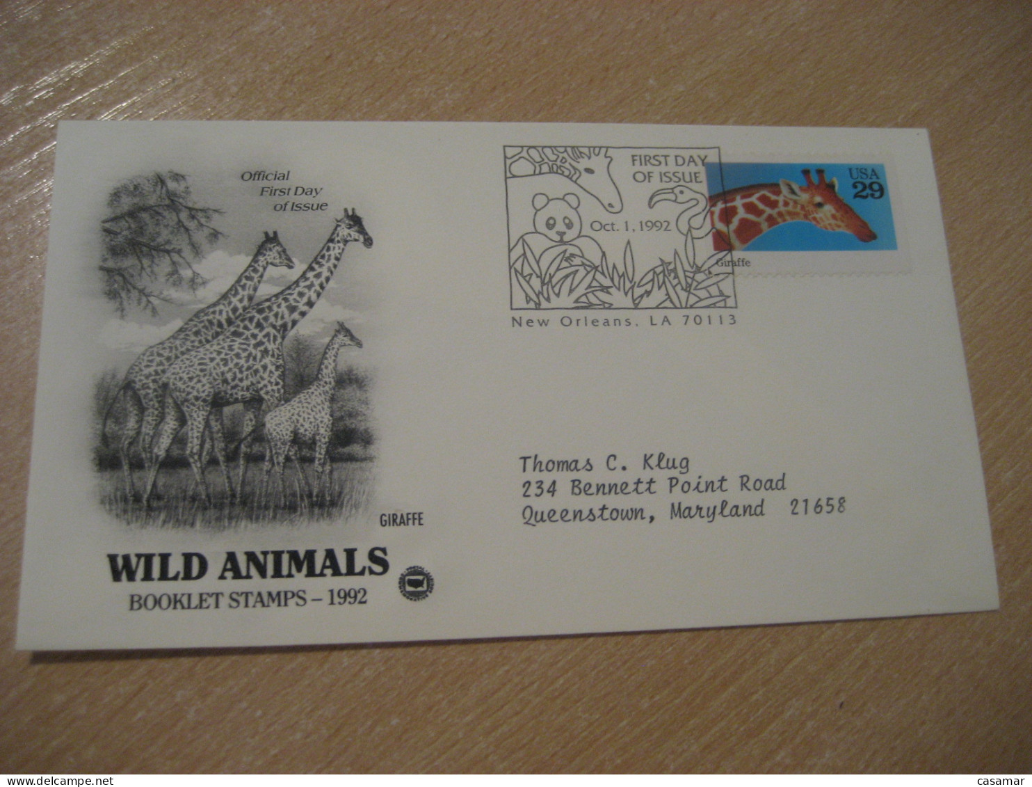 NEW ORLEANS 1992 Giraffe Girafe Panda Bear FDC Cancel Cover USA Giraffes Girafes - Giraffe