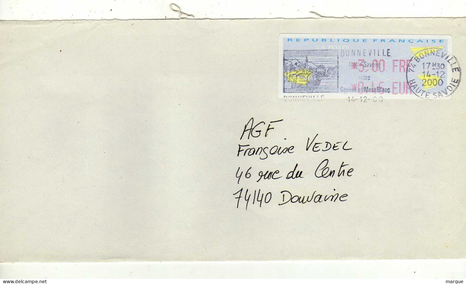 Enveloppe FRANCE Avec Vignette Affranchissement BONNEVILLE 14/12/2000 - 2000 Type « Avions En Papier »