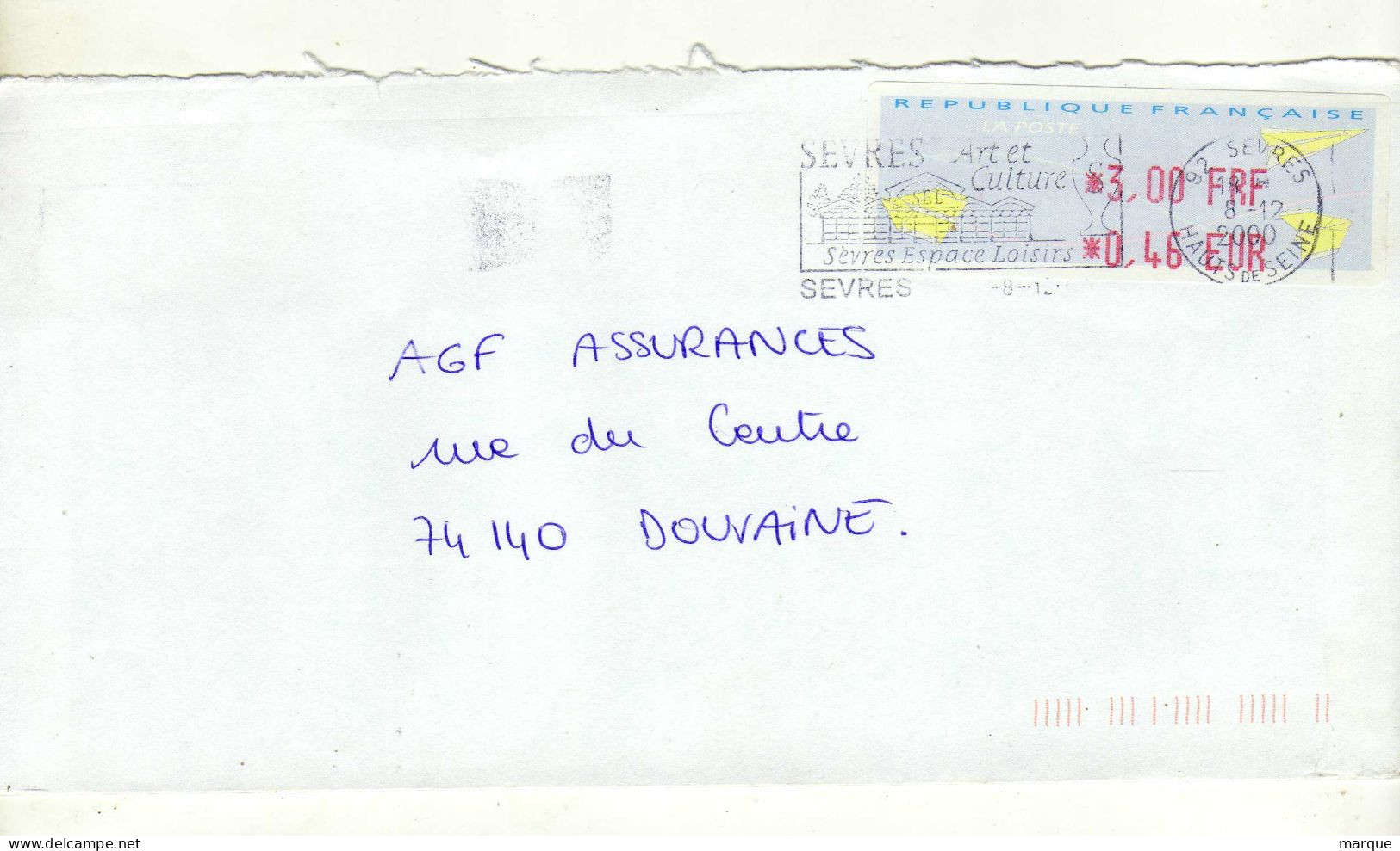 Enveloppe FRANCE Avec Vignette Affranchissement SEVRES 08/12/2000 - 2000 « Avions En Papier »