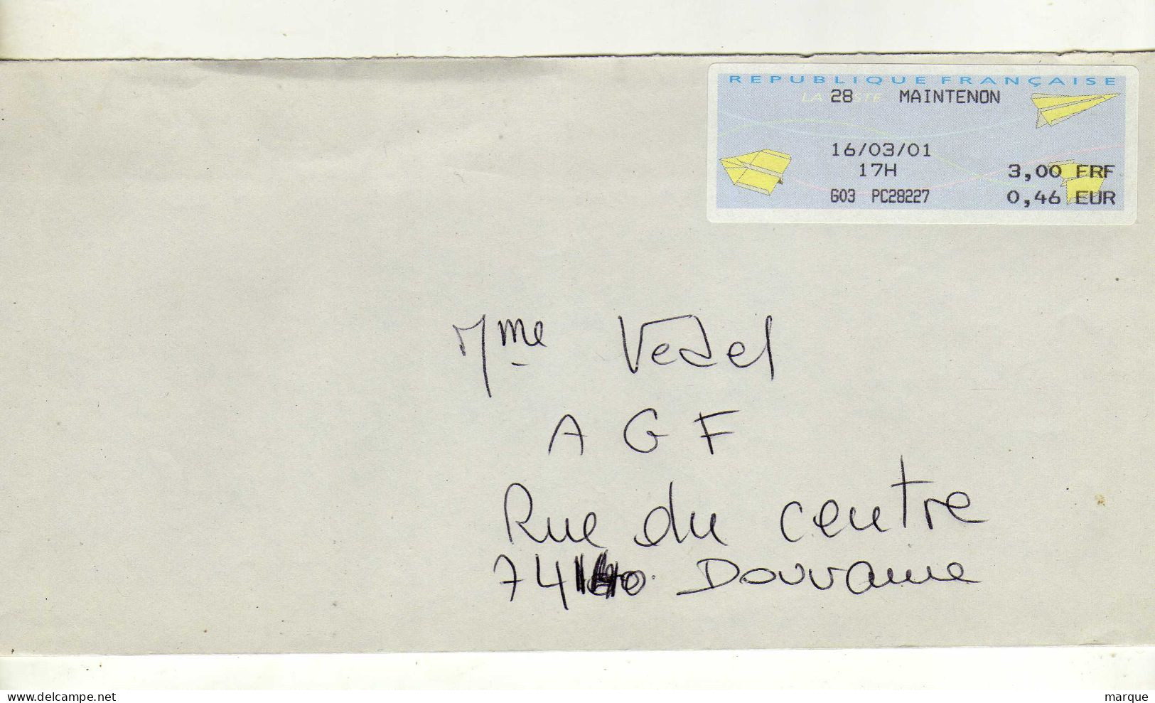 Enveloppe FRANCE Avec Vignette Affranchissement MAINTENON 16/06/2001 - 2000 Type « Avions En Papier »