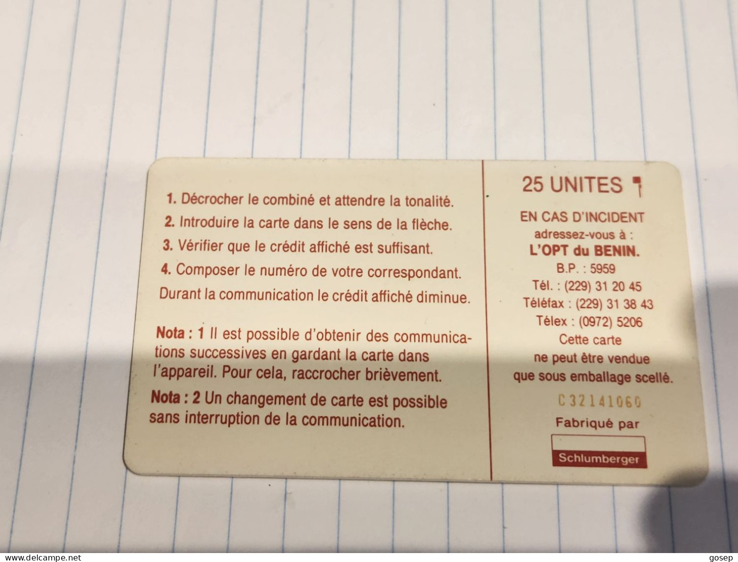 BENIN-(BEN-08)-Logo 25 (SC7 AFNOR-(66)-(25units)-(logo 25-small Number Out Side-C32141060)-used Card+1card Prepiad Free - Benin