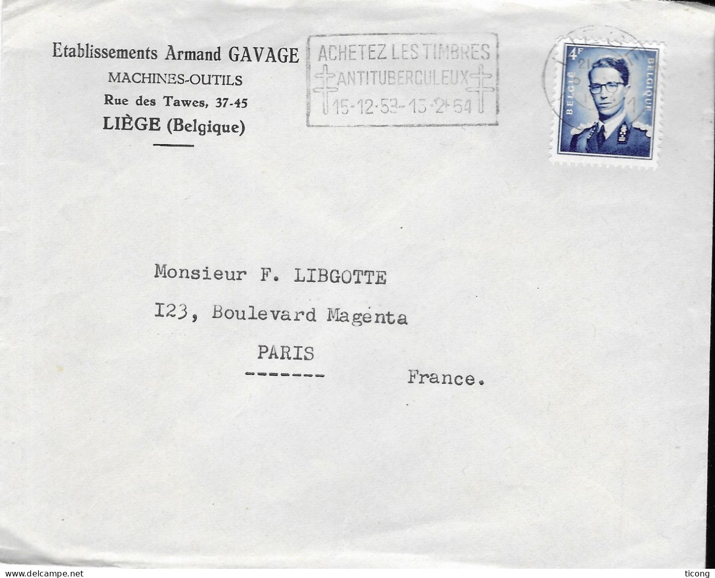 LETTRE AVEC LE 4FRS BAUDUIN BLEU - FLAMME ACHETEZ LES TIMBRES ANTITUBERCULEUX 1953 1954 ( CROIX DE LORRAINE ) LIEGE 1954 - Vlagstempels