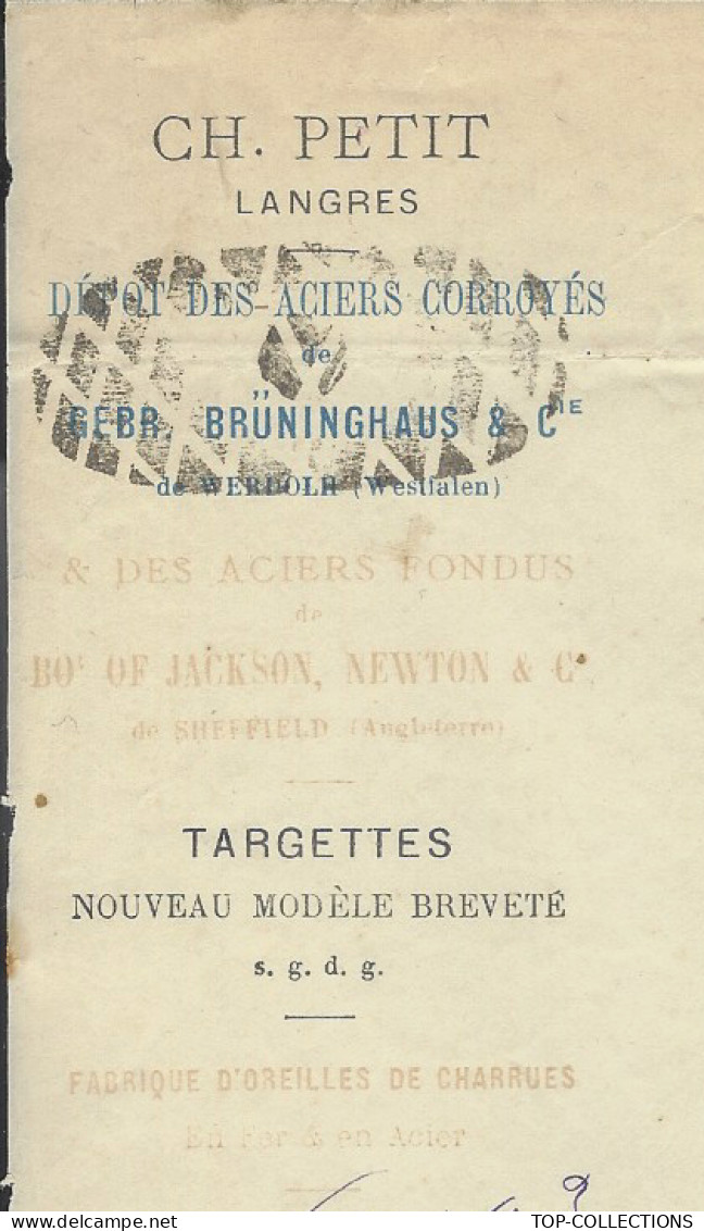 1872  ENTETE CH. PETIT à Langres Haute Marne  Aciers Corroyés De Gebr. Bruninghaus   Werdolr Allemagne > Matton Ardennes - 1800 – 1899