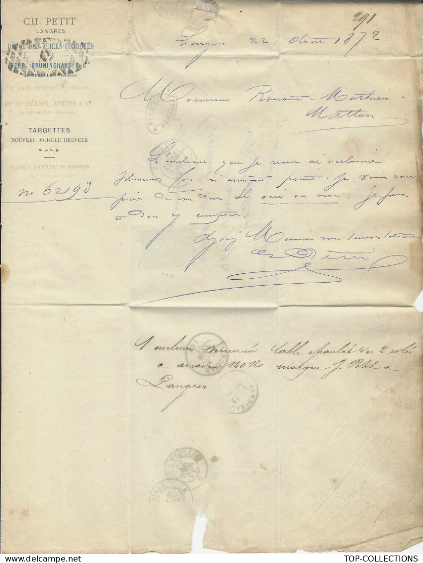 1872  ENTETE CH. PETIT à Langres Haute Marne  Aciers Corroyés De Gebr. Bruninghaus   Werdolr Allemagne > Matton Ardennes - 1800 – 1899