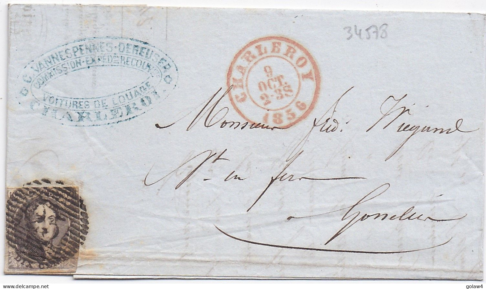 34578# BELGIQUE LEOPOLD MEDAILLON N° 6 LETTRE Obl 25 CHARLEROI 1856 Pour GOSSELIES - 1849-1865 Medaillen (Sonstige)