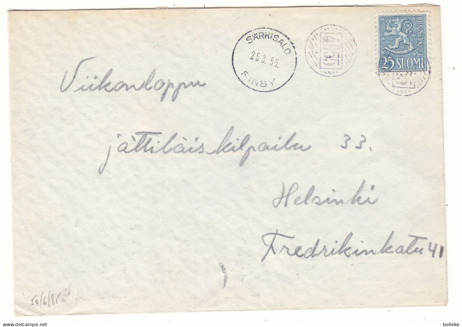 Finlande - Lettre De 1955 - Avec Oblit Rurale 4955 - Cachet De Särkisalo Et Helsinki - - Lettres & Documents