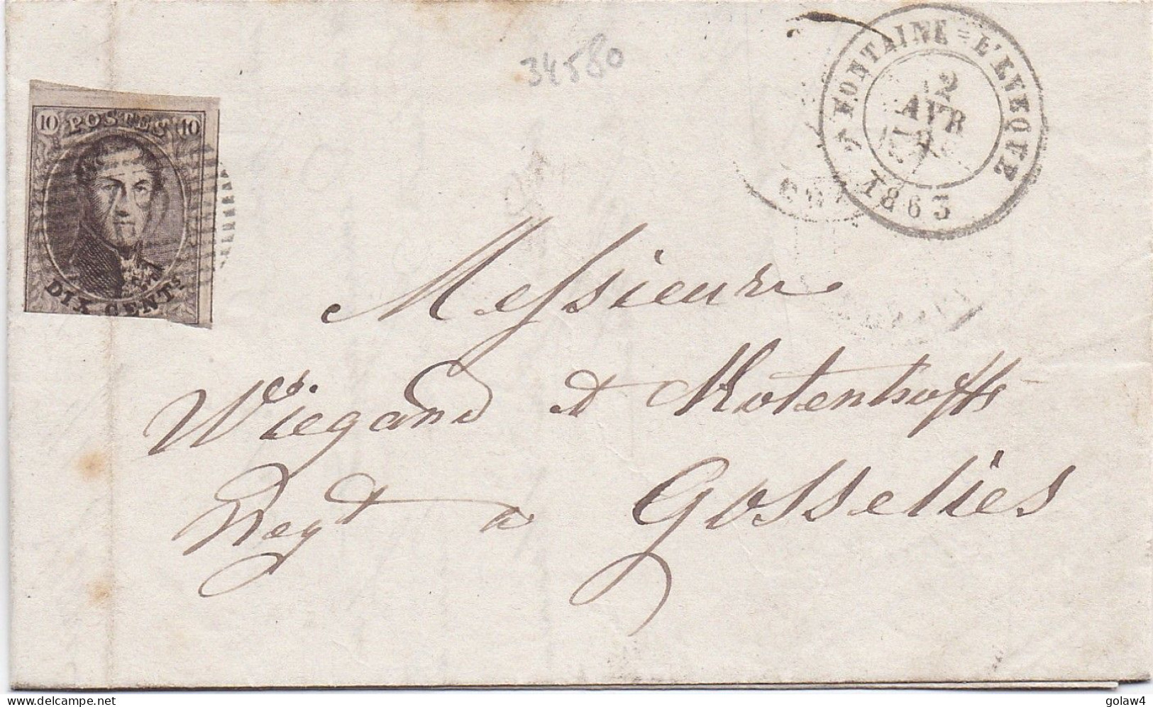 34580# BELGIQUE LEOPOLD MEDAILLON N° 10 LETTRE Obl 42 FONTAINE L'EVEQUE 1863 Pour GOSSELIES - 1849-1865 Medaillons (Varia)