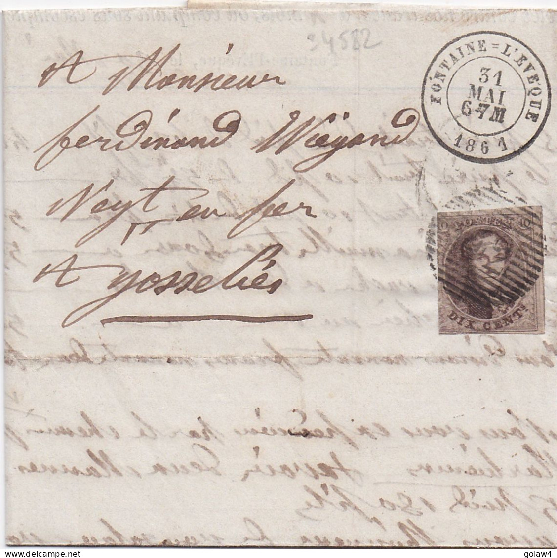 34582# BELGIQUE LEOPOLD MEDAILLON N° 10 LETTRE Obl 42 FONTAINE L'EVEQUE 1861 Pour GOSSELIES - 1849-1865 Medaillons (Varia)