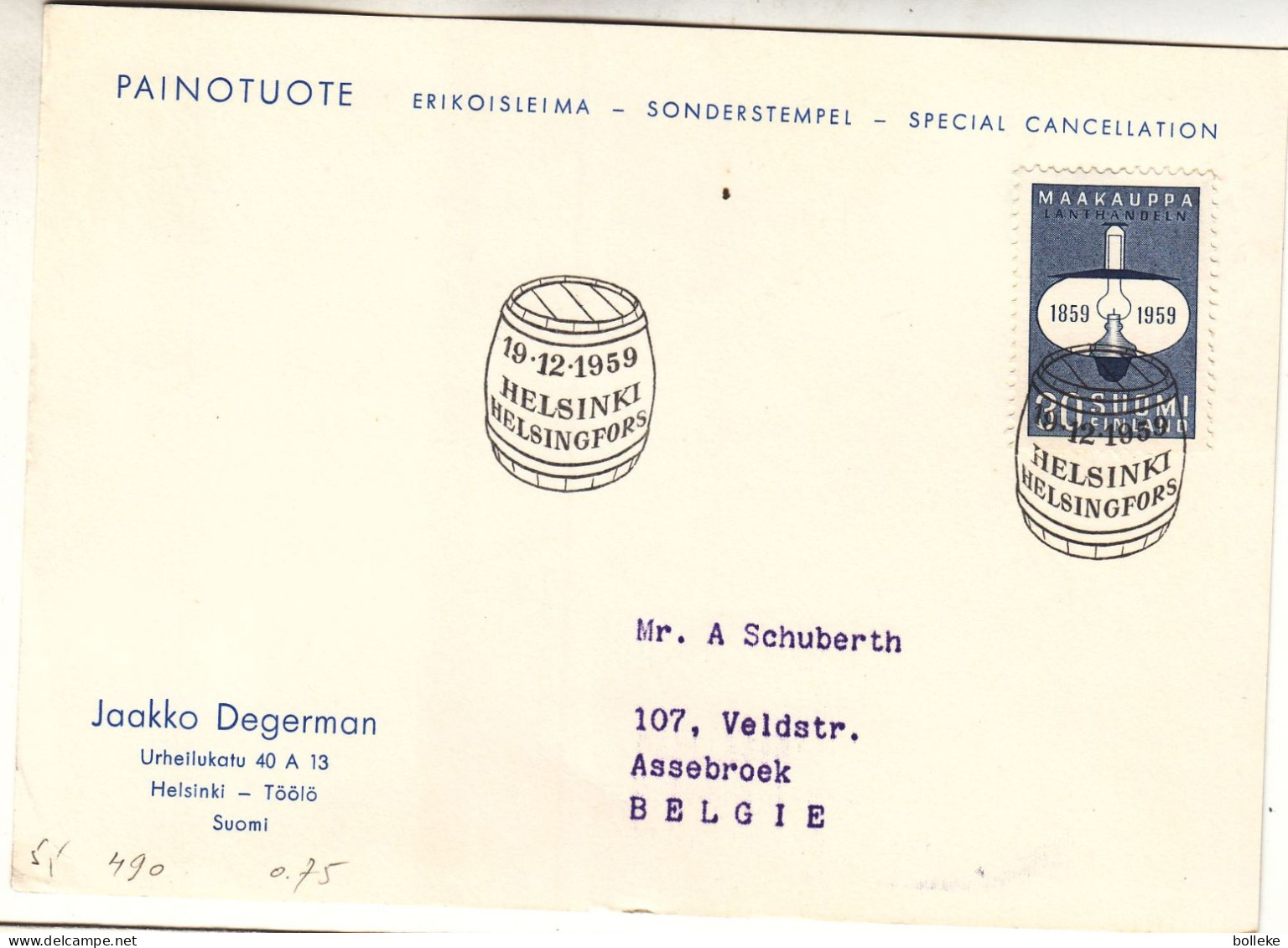 Finlande - Carte Postale De 1959 - Oblit Helsinki - Tonneau - - Lettres & Documents