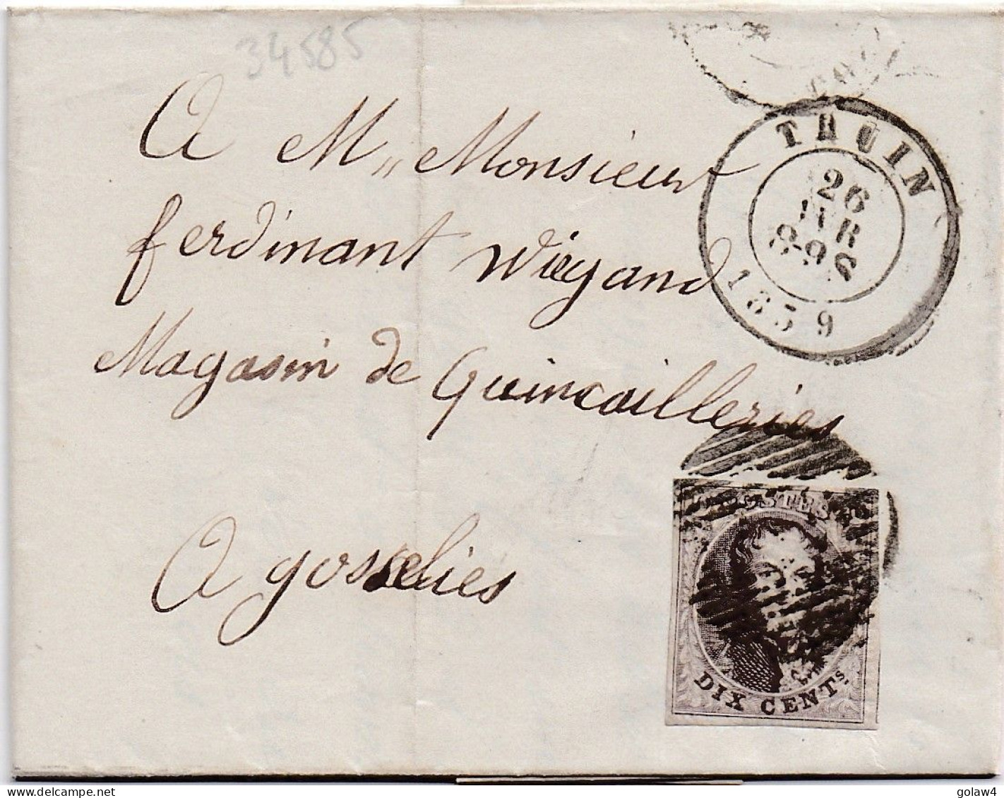 34585# BELGIQUE LEOPOLD MEDAILLON N° 10A LETTRE Obl 117 THUIN 1859 Pour GOSSELIES - 1849-1865 Médaillons (Autres)