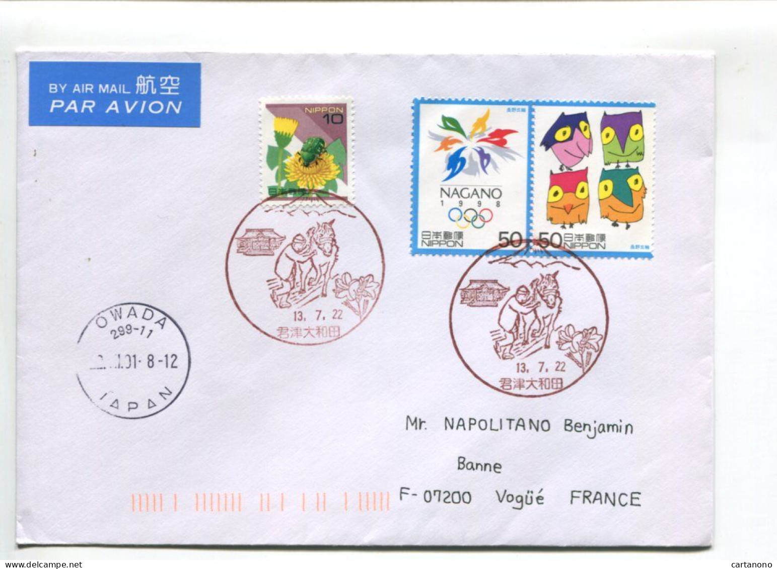 JAPON - Affranchissement Sur Lettre Pour La France + Cachet Illustré Agriculture / J.O. De Nagano 98 - Brieven En Documenten