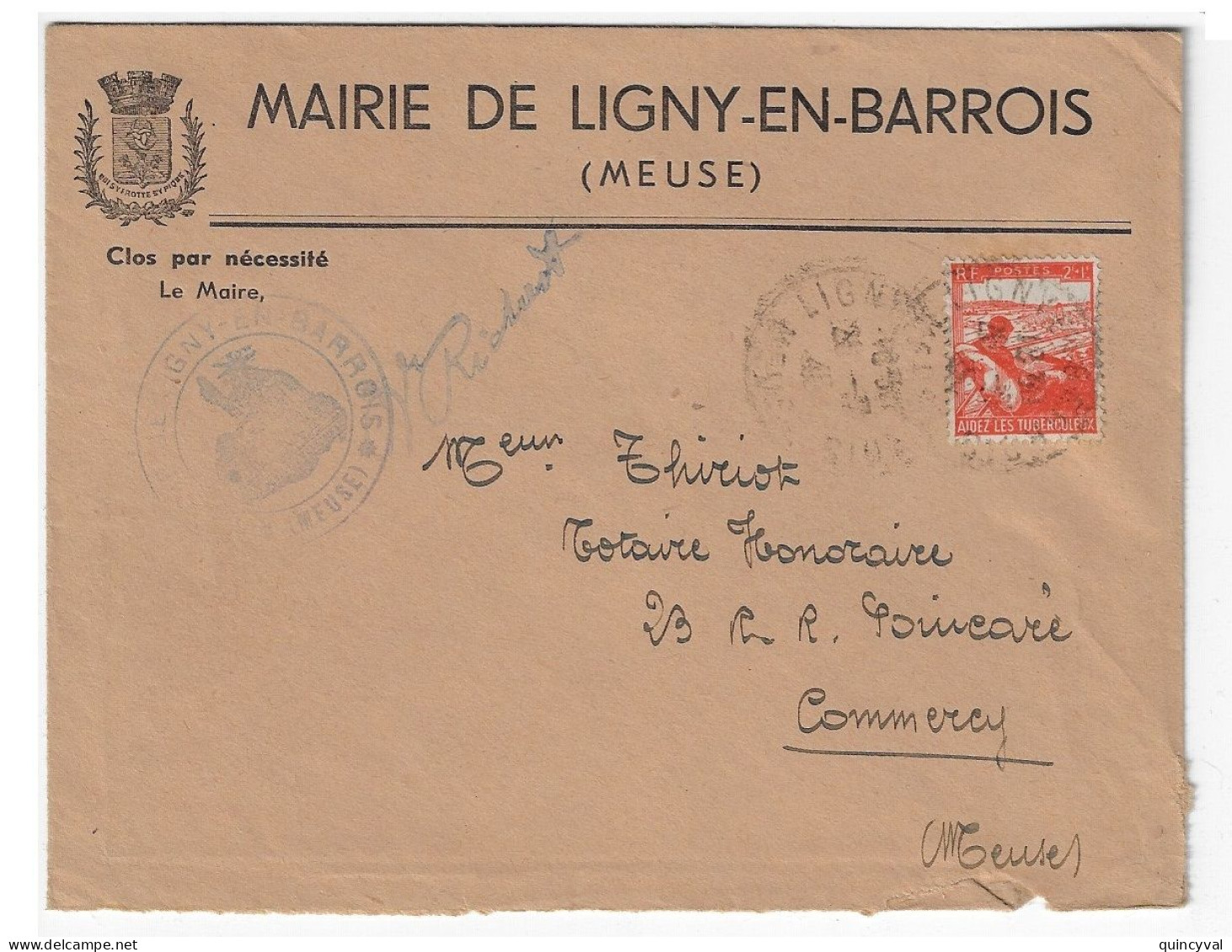 LIGNY En BARROIS Meuse Lettre Entête Mairie 2 F + 1 F Aidez Les Tuberculeux Yv 737 Ob 25 7 1945 - Covers & Documents