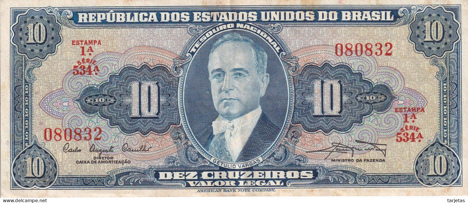 BILLETE DE BRASIL DE 10 CRUZEIROS DEL AÑO 1961 SERIE 534 (BANK NOTE) - Brésil