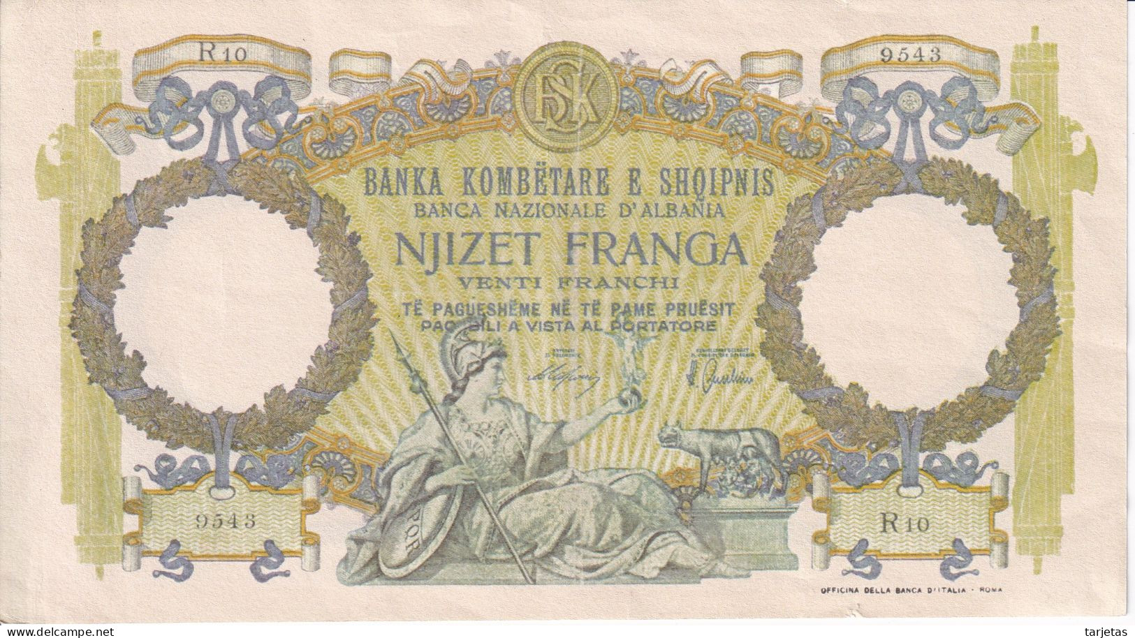 BILLETE DE ALBANIA DE 20 FRANGA DEL AÑO 1939  (BANKNOTE) (posible Reproducción) - Albanien