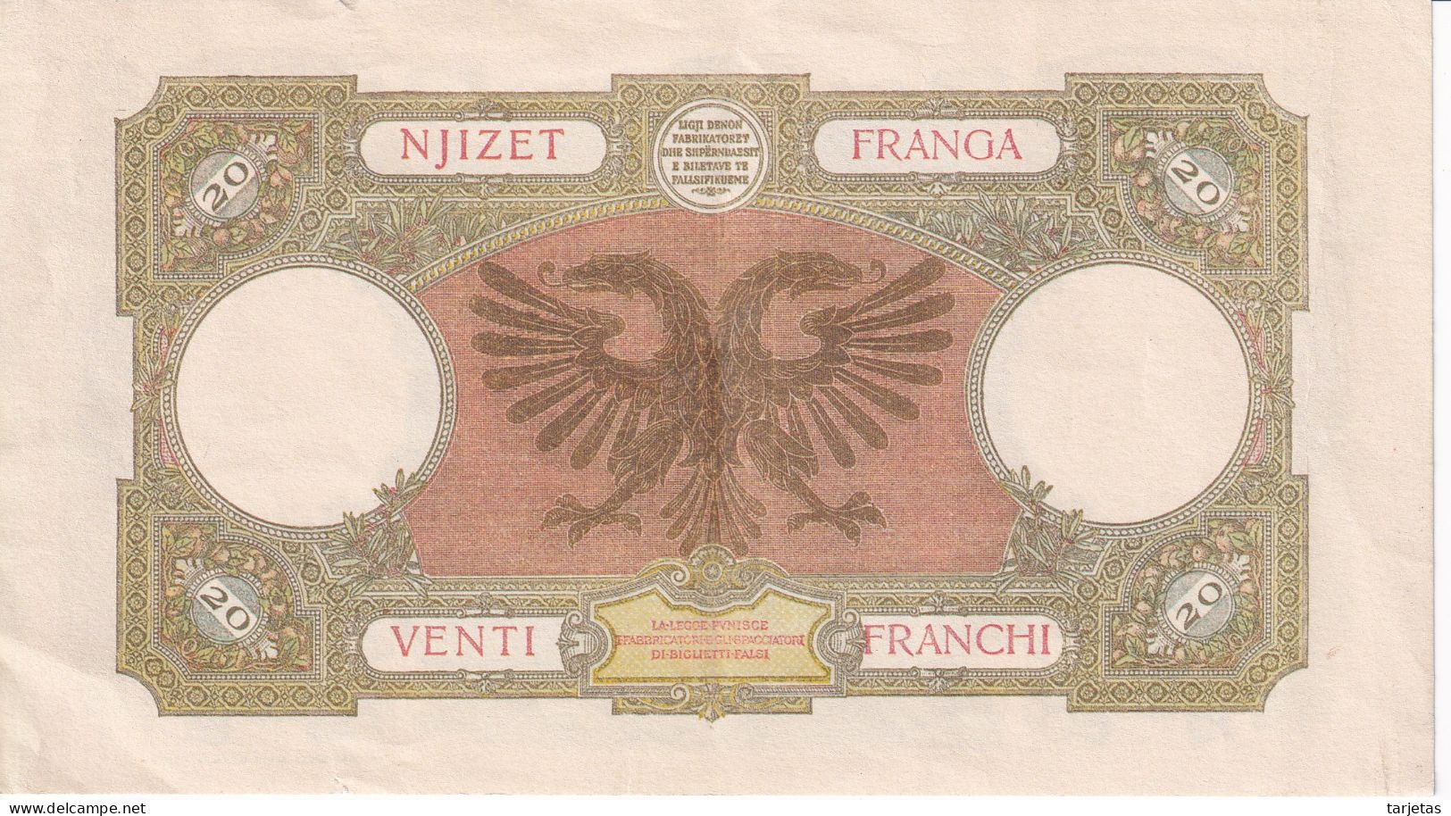 BILLETE DE ALBANIA DE 20 FRANGA DEL AÑO 1939  (BANKNOTE) (posible Reproducción) - Albanien