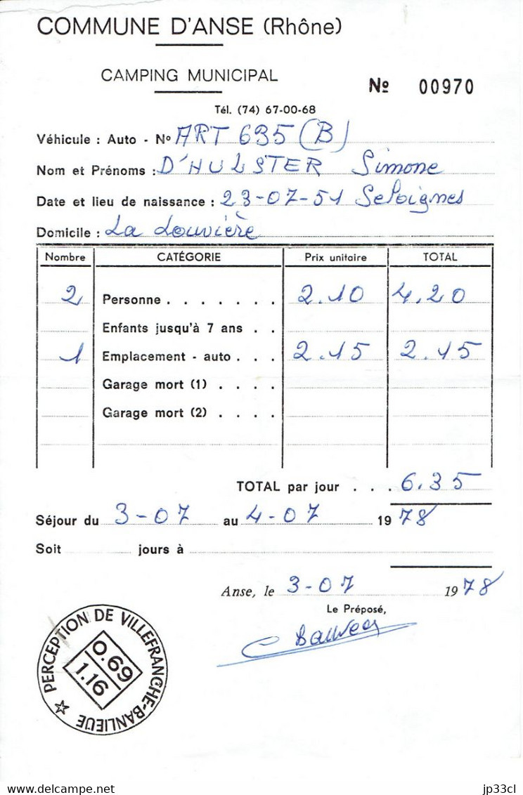 Facture Du Camping Municipal De La Commune D'Anse (Rhône) 3/7/1978 - Sport En Toerisme