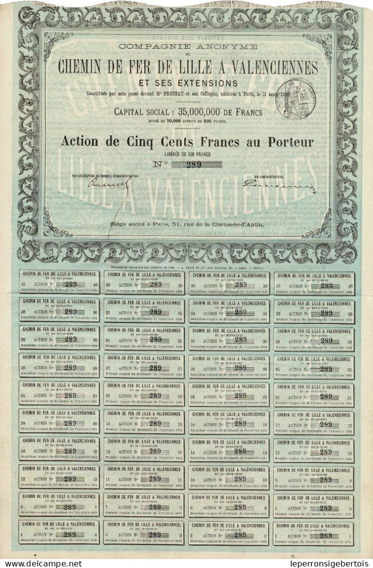 Titre De 1874 - Cie Anonyme Du Chemin De Fer De Lille à Valenciennes Et Ses Extensions - - Chemin De Fer & Tramway