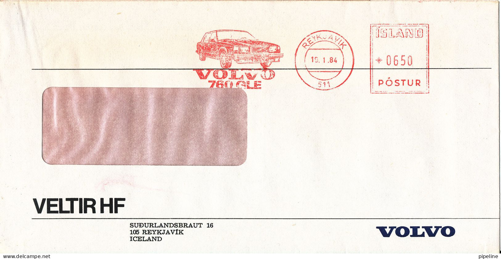 Iceland Cover With Meter Cancel Reykjavik 19-1-1984 (VOLVO 760 GLE) - Lettres & Documents