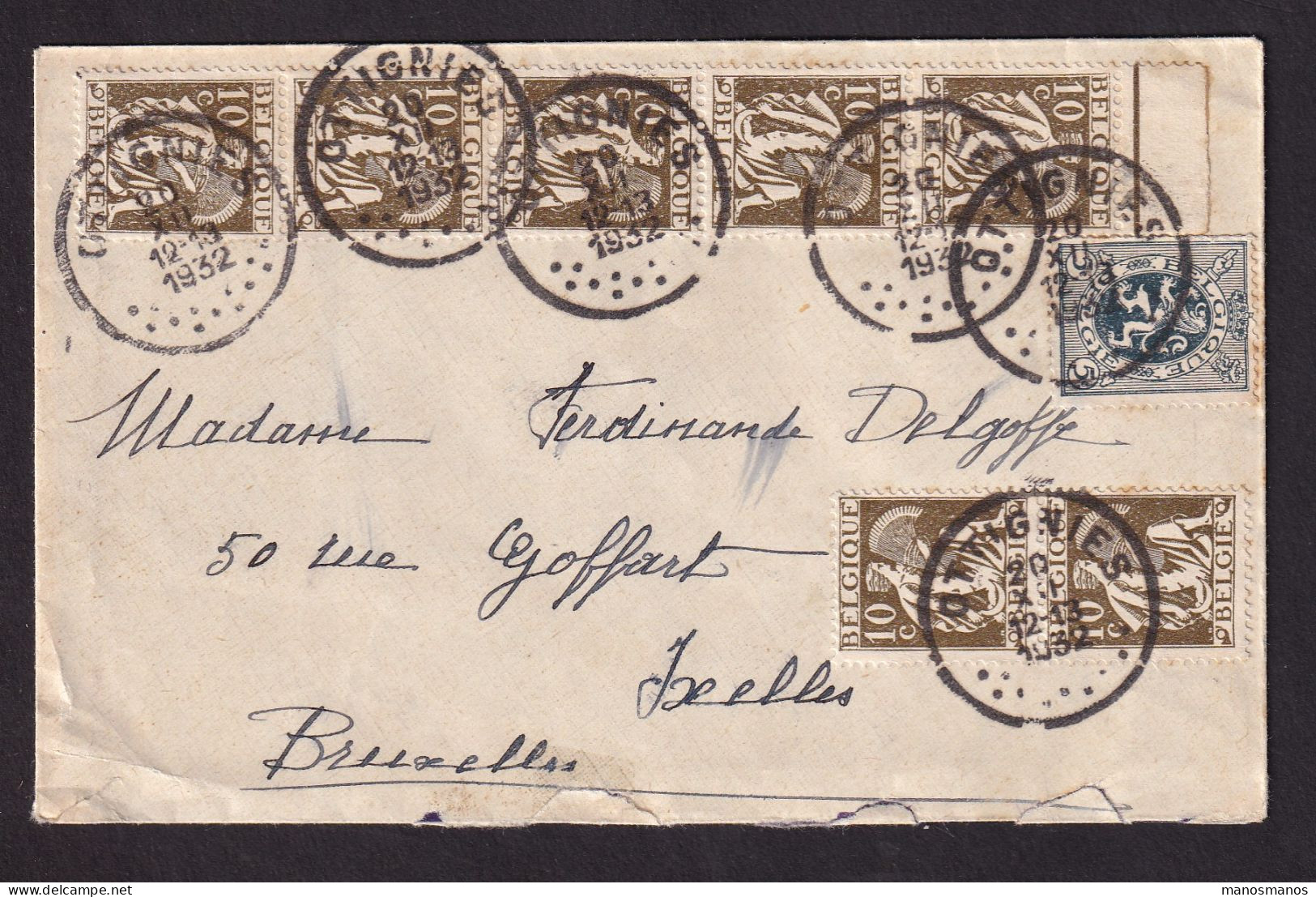 DDEE 886 -- Enveloppe TP Cérès (7 X + BdF) Et Lion Héraldique OTTIGNIES 1932 Vers BXL - Tarif EXACT 75 C - 1932 Ceres And Mercurius