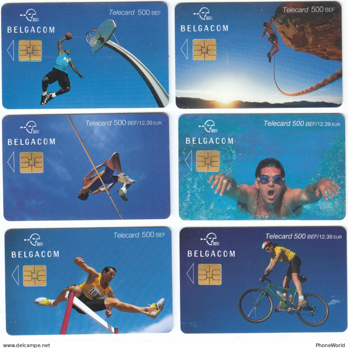 Belgacom, 6 Diff High Value Phonecards 2002-2003, Sports, TOPcondition - Con Chip