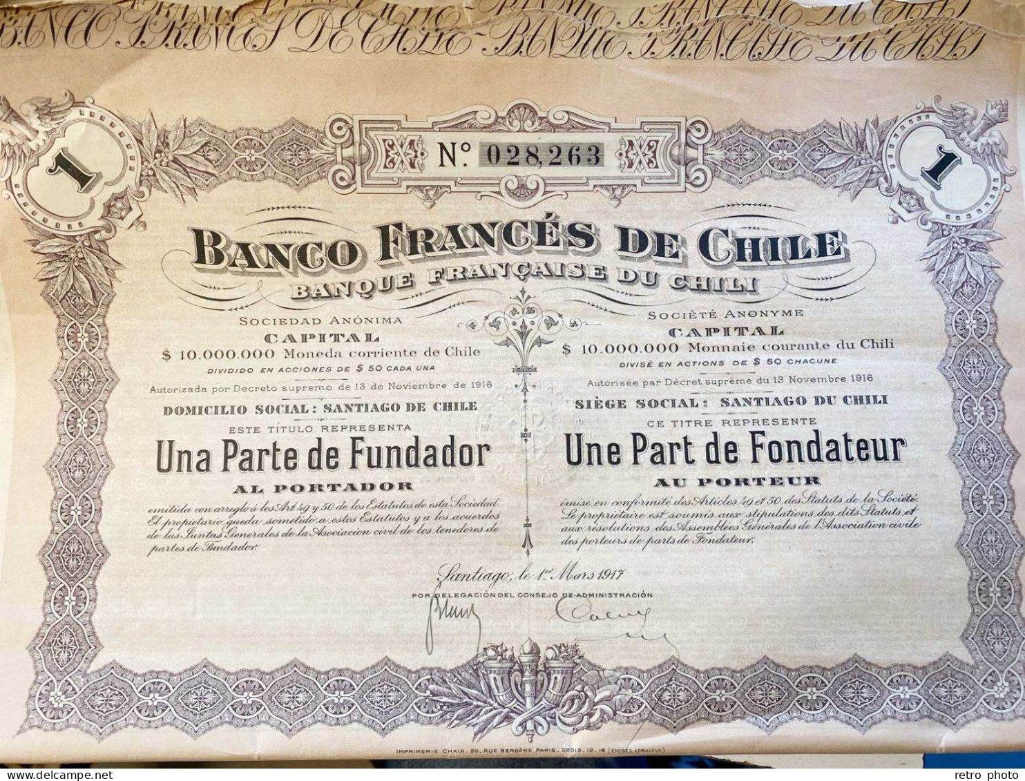 Action Banque Française Du Chili ( Banco Francès De Chile ) N°028,263 - Banque & Assurance