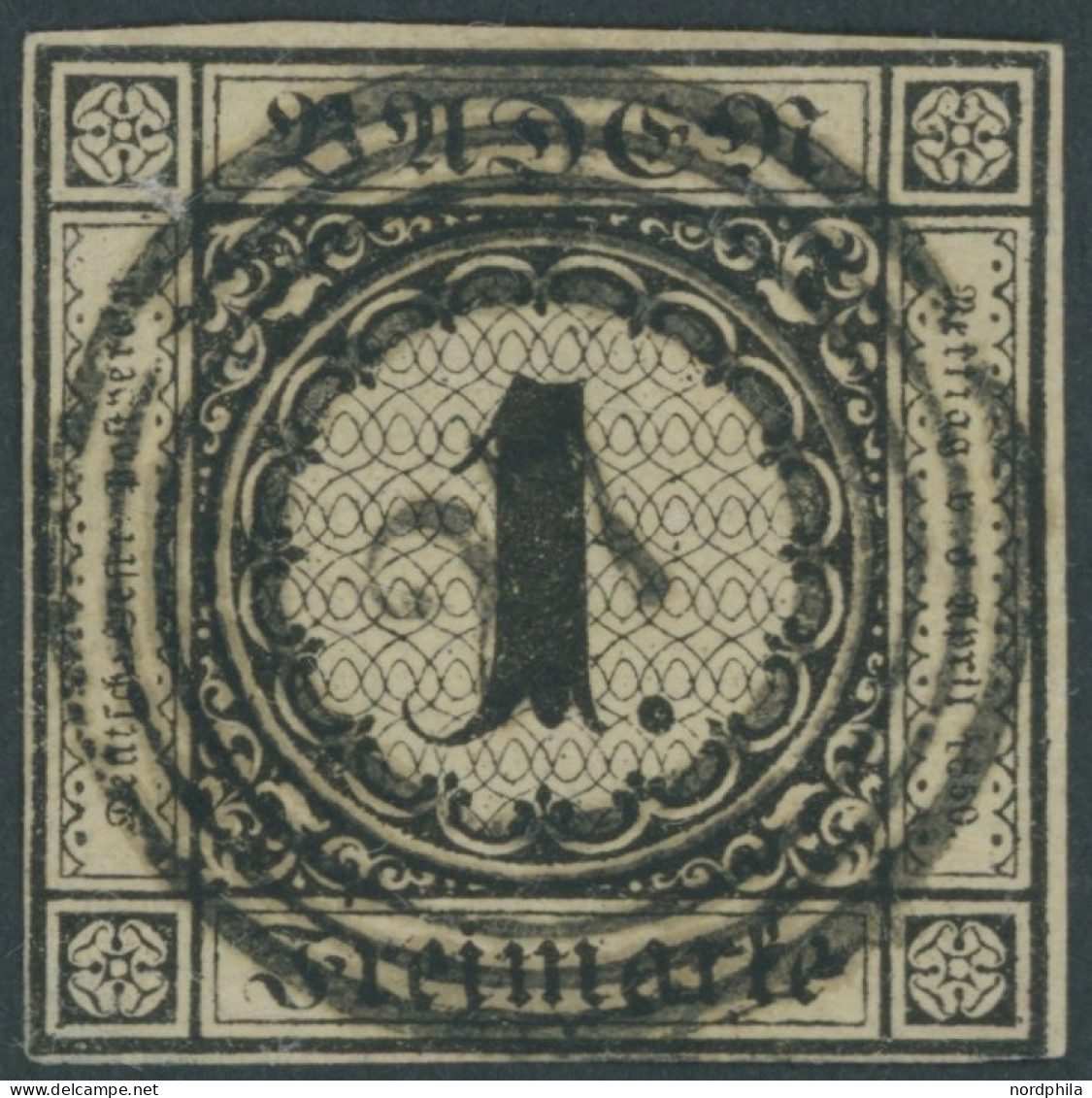 BADEN 1a O, 1851, 1 Kr. Schwarz Auf Sämisch, Zentrischer Nummernstempel 27, Untere Linke Ecke Etwas Hell Sonst Vollrandi - Oblitérés