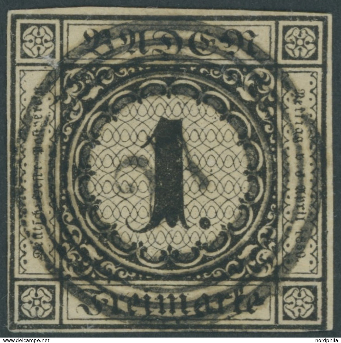 BADEN 1a O, 1851, 1 Kr. Schwarz Auf Sämisch, Zentrischer Nummernstempel 27, Untere Linke Ecke Etwas Hell Sonst Vollrandi - Gebraucht