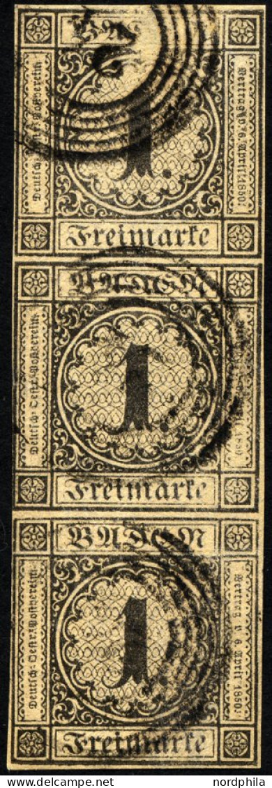 BADEN 1b O, 1851, 1 Kr. Schwarz Auf Braun, Nummernstempel 24, Im Senkrechten Fast Allseits Vollrandigen Dreierstreifen,  - Oblitérés