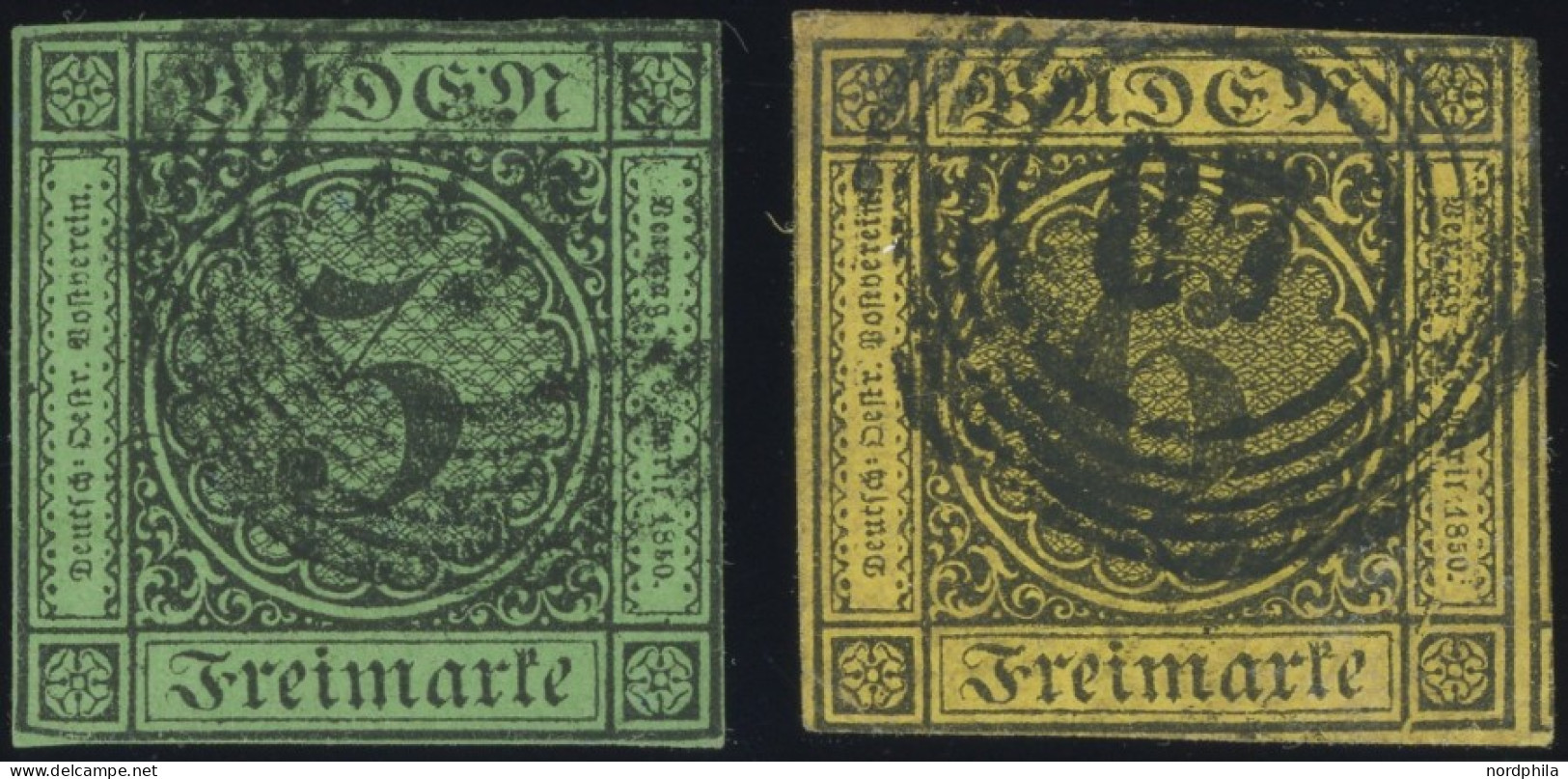 BADEN 6IV,7I O, 1853/4, 3 Kr. Schwarz Auf Grün Und 6 Kr. Schwarz Auf Gelb, 2 Werte Mit Plattenfehlern, Feinst, Mi. 300.- - Used