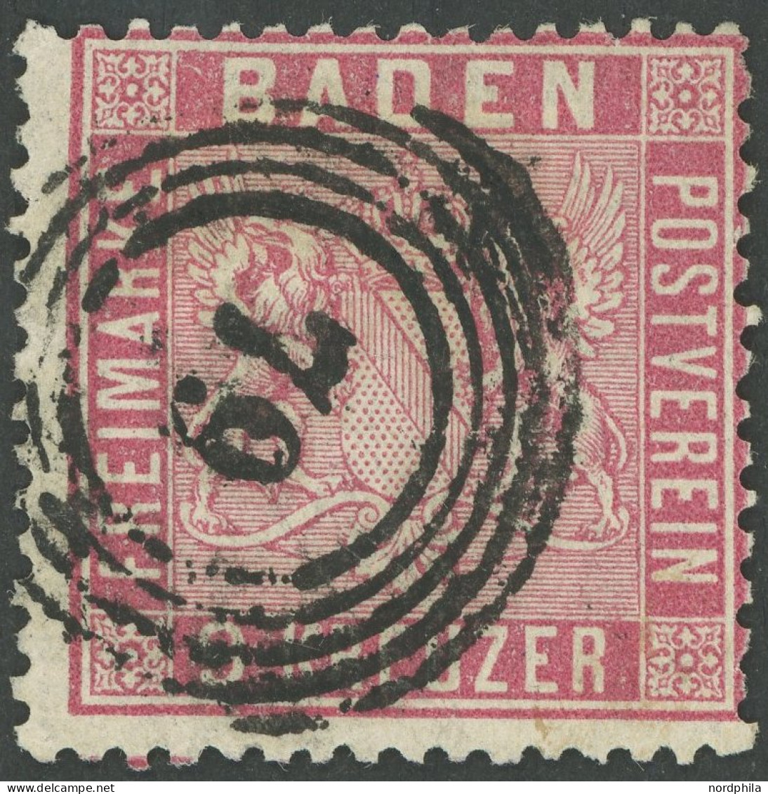 BADEN 12 O, 1861, 9 Kr. Karmin, Normale Zähnung, Pracht, Gepr. Flemming, Mi. 220.- - Gebraucht