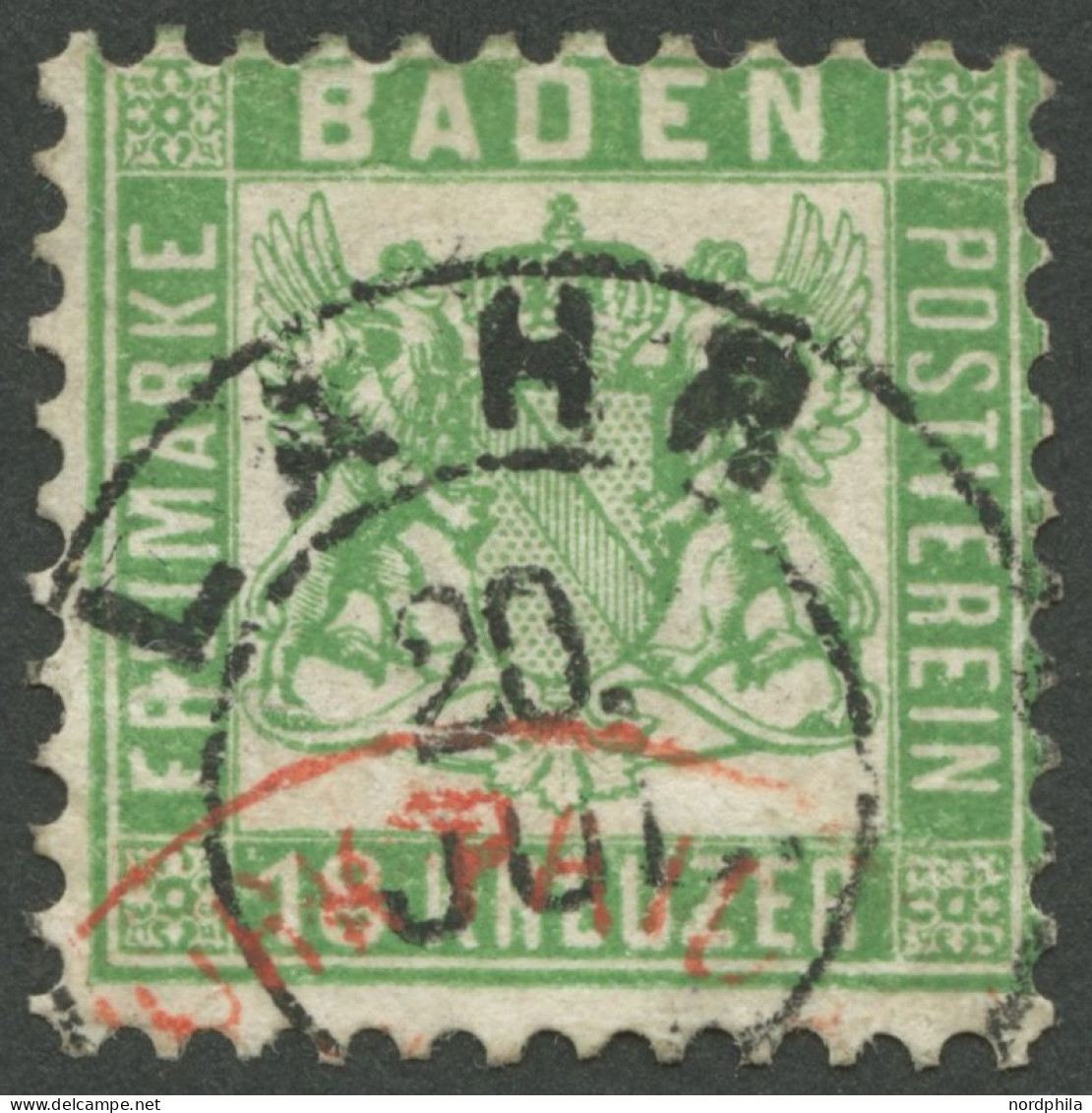 BADEN 21a O, 1862, 18 Kr. Grün, K2 LAHR Und Roter K1, Repariert Wie Pracht, Kurzbefund Stegmüller, Mi. (700.-) - Usati