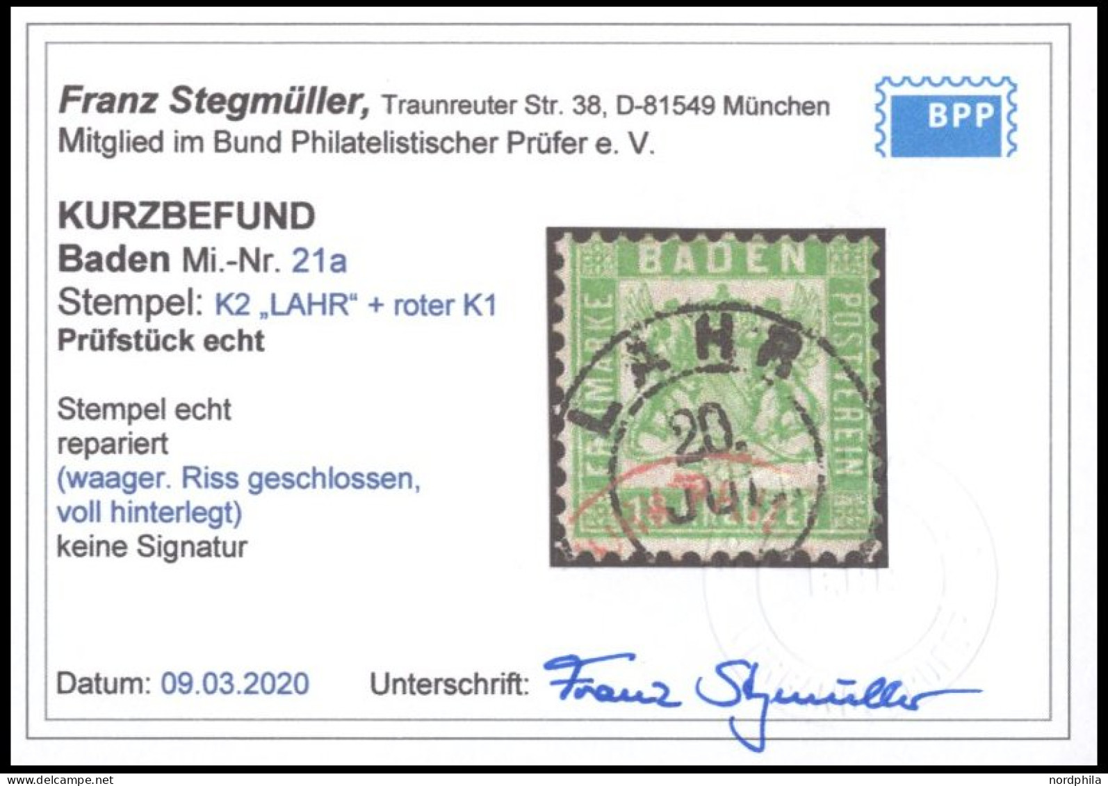 BADEN 21a O, 1862, 18 Kr. Grün, K2 LAHR Und Roter K1, Repariert Wie Pracht, Kurzbefund Stegmüller, Mi. (700.-) - Afgestempeld