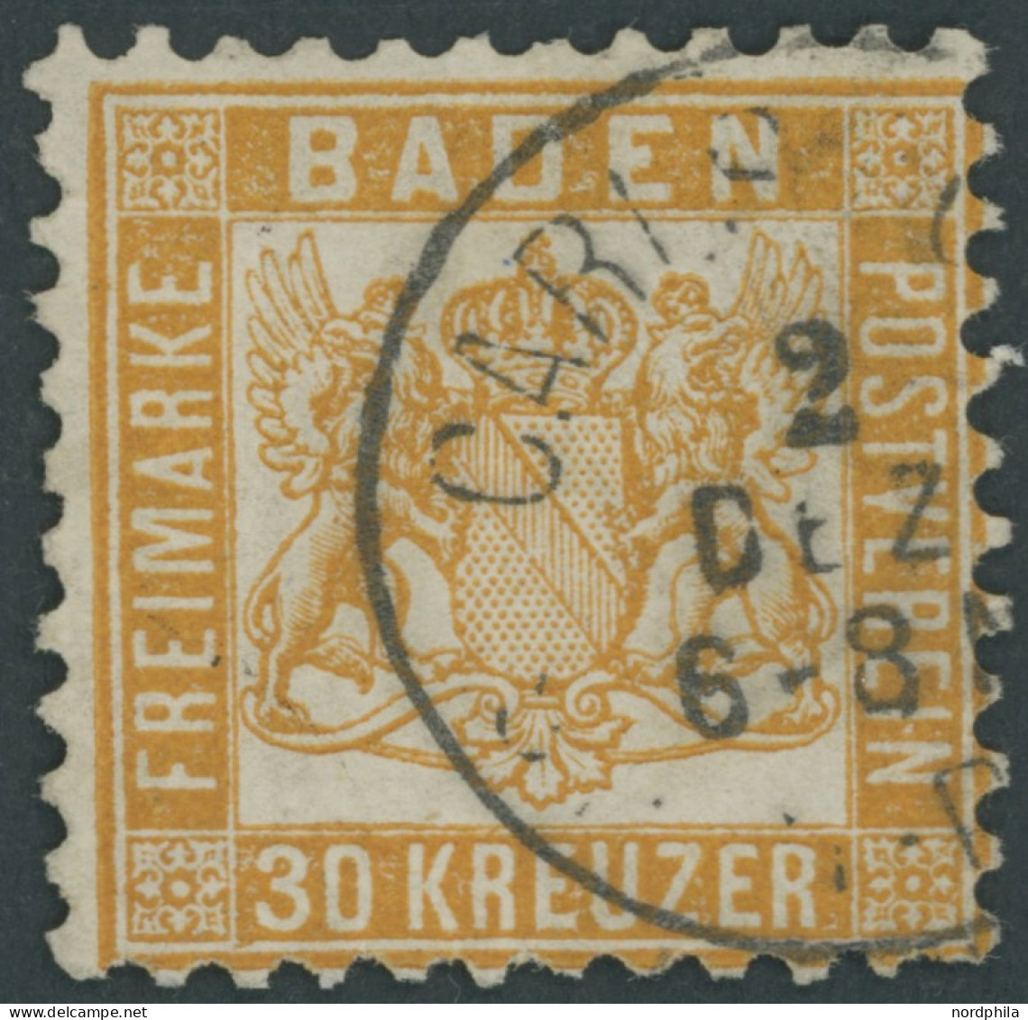 BADEN 22a O, 1862, 30 Kr. Lebhaftgelborange, K1 CARLSRUHE, Repariert Wie Pracht, Gepr. Bühler, Mi. (3200.-) - Gebraucht