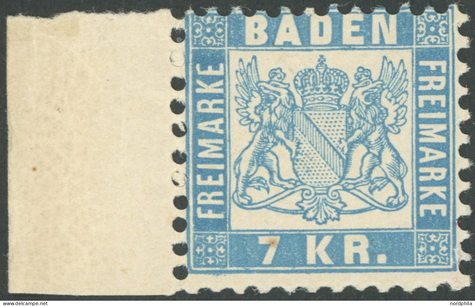 BADEN 25b , 1871, 7 Kr. Hellblau, Linkes Randstück, Postfrisch, Pracht, Gepr. W. Engel, Mi. 110.- - Mint