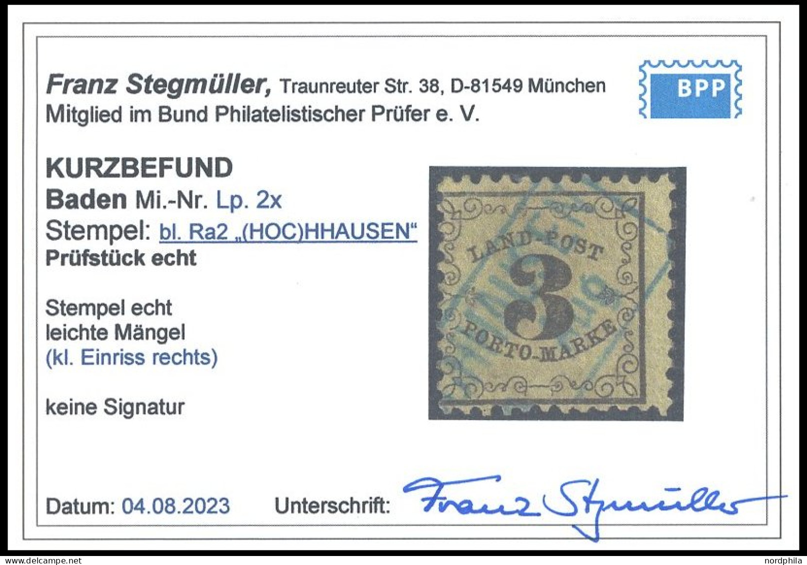 BADEN LP 2x O, 1863, 3 Kr. Schwarz Auf Gelb, Seltener Blauer R2 HOCHHAUSEN, Rechts Kleiner Einriss Sonst Pracht, Kurzbef - Usati