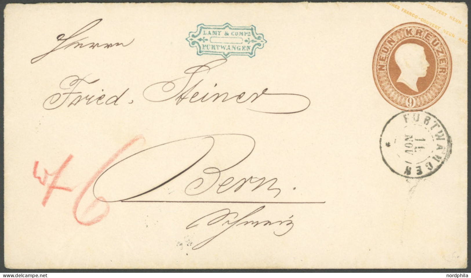 BADEN U 11 BRIEF, 1866, 9 Kr. Rötlichbraun, Ganzsachenumschlag Von FURTWANGEN In Die Schweiz, Pracht - Interi Postali