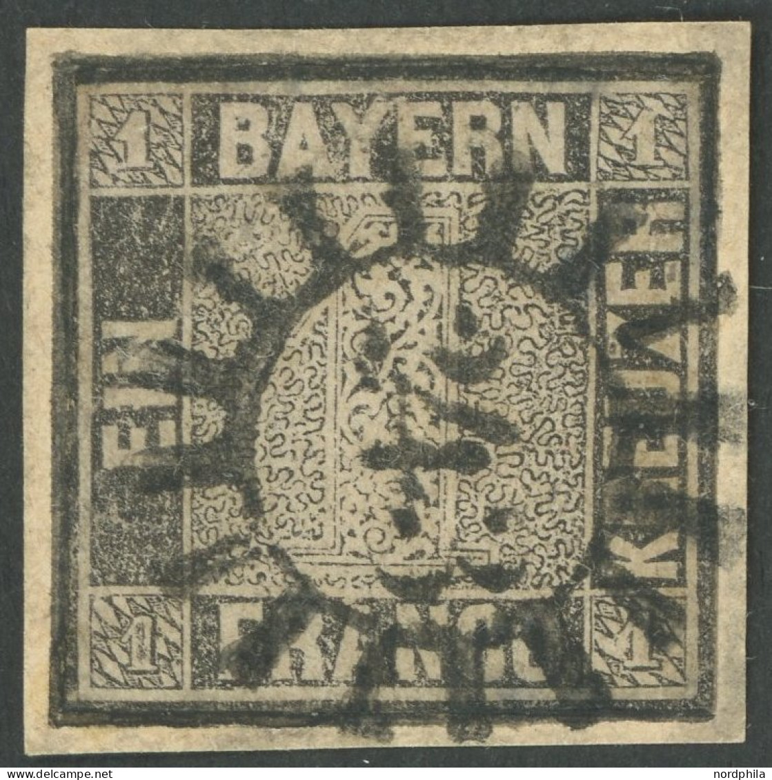 BAYERN 1Ia O, 1849, 1 Kr. Schwarz, Platte 1, Hinterlegt, Stark Repariert, Mi. (3500.-) - Autres & Non Classés