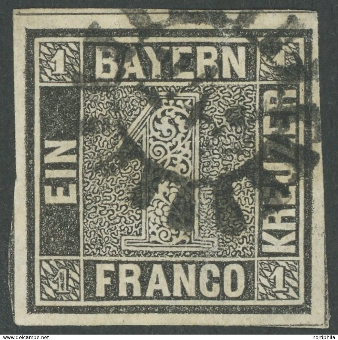 BAYERN 1IIa O, 1850, 1 Kr. Schwarzgrau, Platte 2, MR-Stempel 243, Voll-breitrandig, Dünne Stellen Hinterlegt Sonst Farbf - Autres & Non Classés